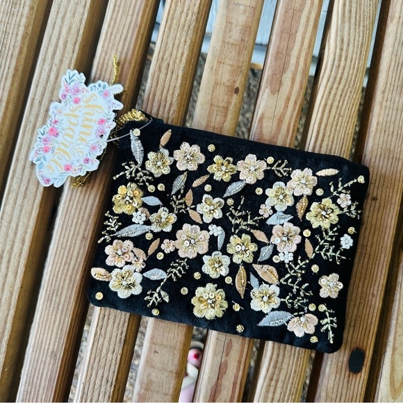 India Black Velvet Floral Embroidery Beaded Zipper Makeup Bag Coin Purse Boho - Picture 10 of 10